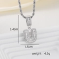 Detail view of silver letter U pendant with cubic zirconia and size dimensions - U Style - Silver (Pendant And Rope Chain)