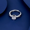 Macro detail of silver ring with large round solitaire and pave-set zircons on band - Round Cut Pave Style (A)