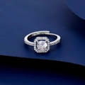 Top view of adjustable bull head ring with halo zircons and silver plating finish - Square-in-Round Halo Style (E)