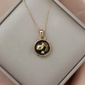 Macro shot of gold Aquarius zodiac pendant with black enamel inlay on grey jewelry box - Gold-Aquarius