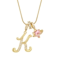 Gold letter K pendant necklace with pink heart gemstone and thin snake chain - Letter K Heart Planet Necklace (With Stainless Steel Snake Chain) / Gold