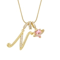 Gold-plated letter N necklace featuring a pink heart Saturn pendant and sparkling zircons - Letter N Heart Planet Necklace (With Stainless Steel Snake Chain) / Gold