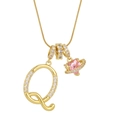 Gold letter Q pendant necklace with pink heart planet and sparkling cubic zirconia stones - Letter Q Heart Planet Necklace (With Stainless Steel Snake Chain) / Gold