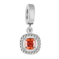 Sparkling orange square gemstone charm with white zircon halo in a polished silver finish - Silver Square Style / Watermelon red