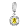 Silver charm pendant with yellow cushion-cut zircon and halo stones for DIY jewelry - Silver Square Style / Bright yellow