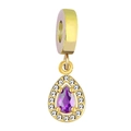 Ciondolo dorato con zircone viola a goccia e bordo decorato con cristalli bianchi - Stile Goccia d'Acqua / Rosa
