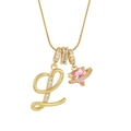 Gold plated initial L necklace featuring a pink heart stone with sparkling zircon crystals - Letter L Heart Planet Necklace (With Stainless Steel Snake Chain) / Gold