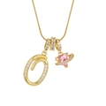 Gold letter O pendant necklace with pink heart Saturn charm and zircon embellishments - Letter O Heart Planet Necklace (With Stainless Steel Snake Chain) / Gold