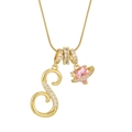 Golden snake chain necklace featuring a pink heart planet charm and letter S pendant - Letter S Heart Planet Necklace (With Stainless Steel Snake Chain) / Gold