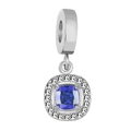 Square silver charm pendant with deep blue center zircon and white crystal border - Silver Square Style / Emerald
