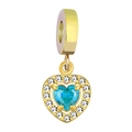18K gold plated heart charm with blue gemstone and white zircon stones on white background - Heart Lake Blue Zirconia Style / Emerald