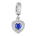 Silver heart charm with a deep blue center stone and clear zircon pavé accents - Silver Heart Style / Sea Green