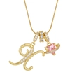 Gold letter K necklace featuring a pink heart stone and crystal accents on a snake chain - Letter X Heart Planet Necklace (With Stainless Steel Snake Chain) / Gold
