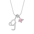 Silver alphabet G necklace with pink heart planet pendant and sparkling white crystals - Letter G Heart Planet Necklace (With Stainless Steel Snake Chain) / Silver