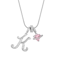 Silver alphabet K necklace with pink crystal heart planet pendant and snake chain - Letter K Heart Planet Necklace (With Stainless Steel Snake Chain) / Silver