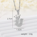 Silver crown initial necklace with letter U pendant featuring clear cubic zirconia pavé - Silver U