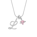 Silver snake chain necklace with sparkling letter L and pink heart saturn pendant - Letter L Heart Planet Necklace (With Stainless Steel Snake Chain) / Silver