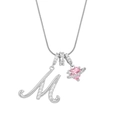 Silver letter M pendant necklace with pink heart planet charm on snake chain - Letter M Heart Planet Necklace (With Stainless Steel Snake Chain) / Silver