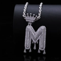 Zilveren hip-hop hanger letter M met kroon en zirkonia stenen op gedraaide ketting - Letter M / Zilver