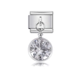 Italian charm link in stainless steel featuring a round sparkling crystal drop pendant - Clear Zircon Pendant