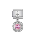 Italian charm link with a pink cushion-cut crystal and sparkling pavé pendant - Square Pendant with Pink Rhinestone / Silver with Pink Gem