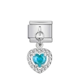 Italian modular link charm in stainless steel with a blue heart stone and crystal halo - Heart Pendant with Sea Blue Rhinestone / Silver with Sea Blue Gemstone