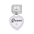 Italian modular charm in stainless steel featuring a white heart with Queen text - Queen Letter Pink Heart
