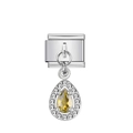 Italian charm link with a silver base and yellow pear-cut crystal teardrop pendant - Teardrop Pendant with Yellow Rhinestone / Silver With Yellow Stone