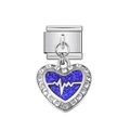 Italian charm bracelet link with silver heart pendant featuring blue glitter and heartbeats - Blue EKG Heart Pendant (7)