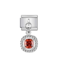 Charm modulare italiano con pendente gemma quadrata rossa e contorno di cristalli - Argento con gemma rossa