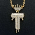 Hiphop gouden ketting met kroon en druppelende letter T hanger bezet met zirkonia steen - Letter T / Goud
