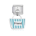 Italian charm bracelet link with striped blue handbag pendant and Friend engraving - Friend Handbag Blue White Stripe