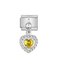 Charm modulare italiano con cristallo a cuore giallo e pavé di zirconi luccicanti - Argento con gemma a cuore gialla