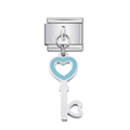 Italian modular charm in silver steel with light blue enamel heart key pendant - Key Heart Light Blue Enamel