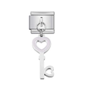 Italian modular charm link in stainless steel with purple enamel heart key pendant - Key Heart Lavender Enamel