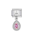 Ciondolo modulare italiano con pietra rosa a goccia e contorno di cristalli - Argento con gemma a pera rosa