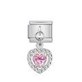 Charm modulare italiano con ciondolo a cuore in cristallo rosa e base in acciaio inox - Argento con gemma a cuore rosa