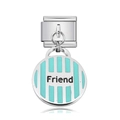 Italian charm bracelet link with a blue enamel Friend pendant in stainless steel - Friend Round Blue White Stripe