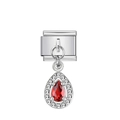Charm maglia italiana in acciaio inossidabile argento con gemma rossa a goccia - Argento con gemma a pera rossa