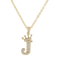 Iced out gold letter J pendant necklace with crown detail and sparkling zircons - Letter J / Gold