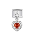 Charm modulare italiano in argento lucido con pendente a cuore rosso e pietre in zirconia - Argento con Pietra a Cuore Rosso