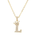 Golden crown letter L pendant necklace with zircon stones on a sleek gold link chain - Crown Letter L (L Gold) / Pendant + O-Chain / Gold