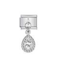 Charm modulare italiano con pendente a pera argento e scintillanti cristalli pavé - Argento con gemma a pera bianca