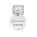 Italian charm link with Forever engraved silver pendant and purple crystal stones - Forever Round Purple Rhinestone