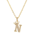 Hip hop style gold N letter pendant necklace with crown and sparkling cubic zirconia - Letter N / Gold