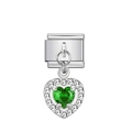 Charm modulare italiano con pendente a cuore, gemma verde e cristalli scintillanti - Base argento con pietra a cuore verde
