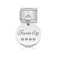 Italian modular charm in silver steel with Family engraving and small crystals - Family Round White Rhinestone