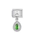 Charm modulare italiano con gemma verde a goccia e piccoli cristalli scintillanti - Argento con gemma a pera verde