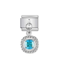 Charm modulare italiano con gemma quadrata azzurra e bordo di piccoli cristalli - Argento con gemma quadrata blu chiaro