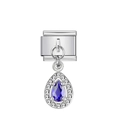 Charm modulare italiano con zaffiro blu a goccia e contorno di piccoli diamanti - Argento con gemma a pera blu notte
